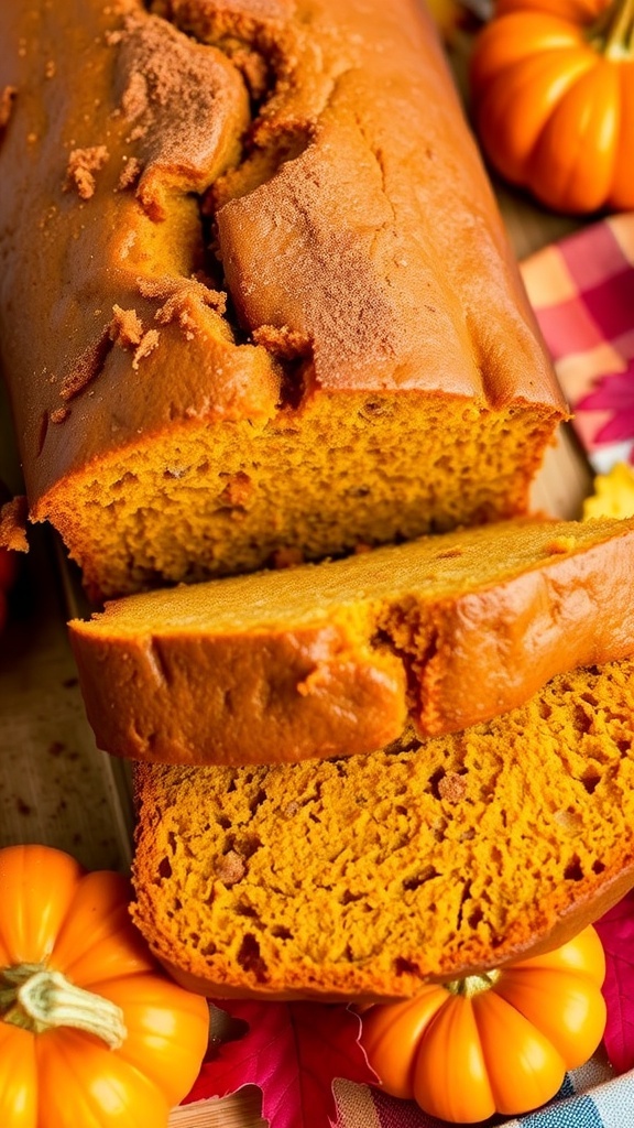 Moist Pumpkin Bread Recipe Without Oil Sliced pumpkin bread on a wooden cutting board, showcasing its moist texture, with cinnamon and small pumpkins in the background.